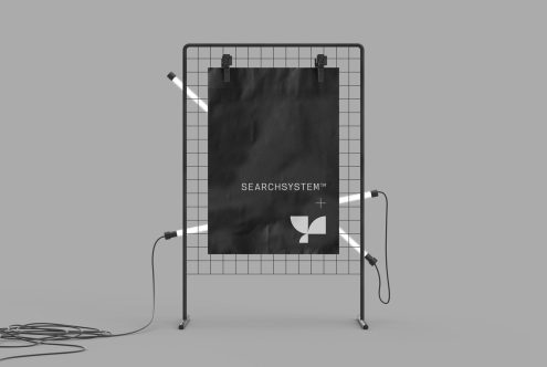 Professional poster mockup with black poster on grid panel, spotlight effect, gray background, ideal for presentations and branding.