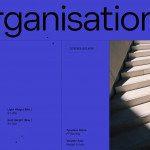 Font promotion poster with blue background displaying 'Organisational' in large type, details on font weights and glyphs, modern design style for template.