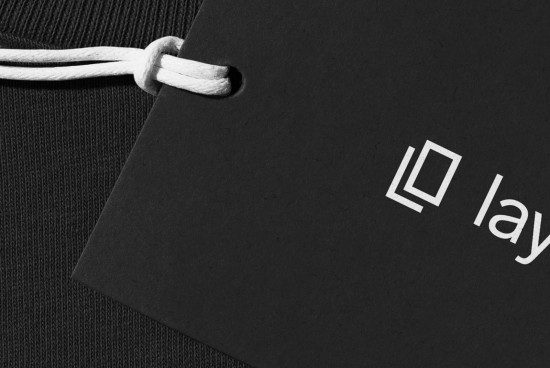 Close-up of a black tag mockup with a white string on a textured garment, showcasing a minimalistic logo design for branding purposes.