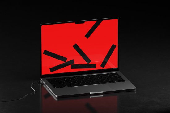 Laptop with red screen graphics mockup on dark background, ideal for digital design presentations and tech-related visual assets.