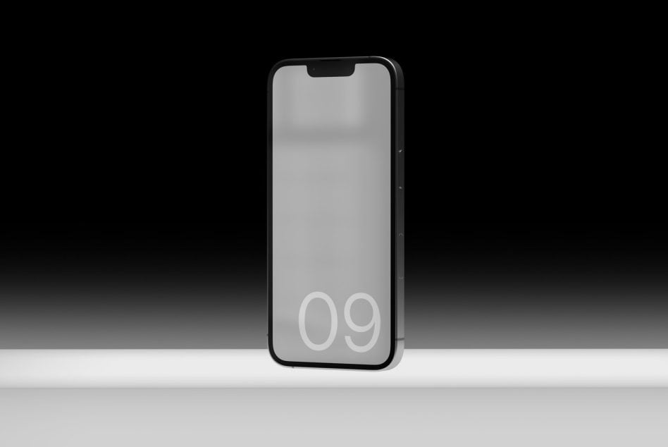 Smartphone mockup showing 09 in light gray on neutral screen, front facing