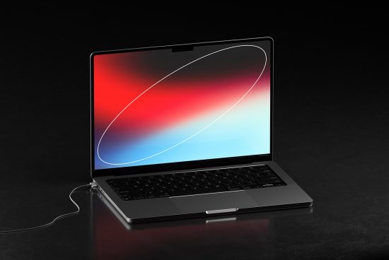 Laptop mockup on dark surface with vibrant screen glow, modern design, digital device mockups for presenting UI UX designs.