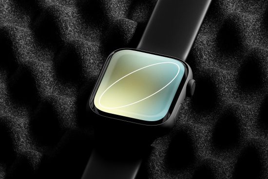 Smartwatch mockup on textured black background displaying screen design, ideal for showcasing UI UX designs and wearable technology concepts.