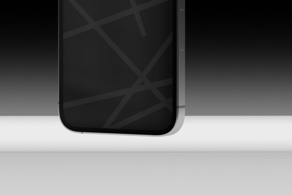 Mobile phone front view with geometric line pattern on dark screen
