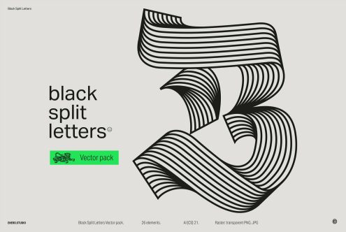 Bold black and white striped font design from Black Split Letters Vector pack perfect for Mockups, eye-catching Graphics, and unique Fonts creation.