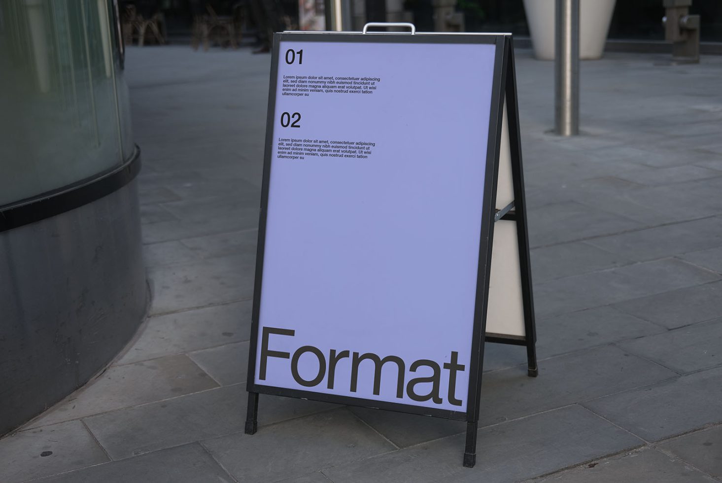 Outdoor signage mockup displayed on an A-frame stand with editable design space for graphic designers to showcase work.