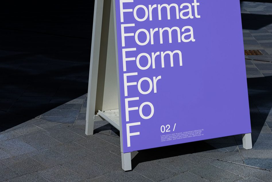 Bright purple A-frame sandwich board with Format Forma Form typography arrangement
