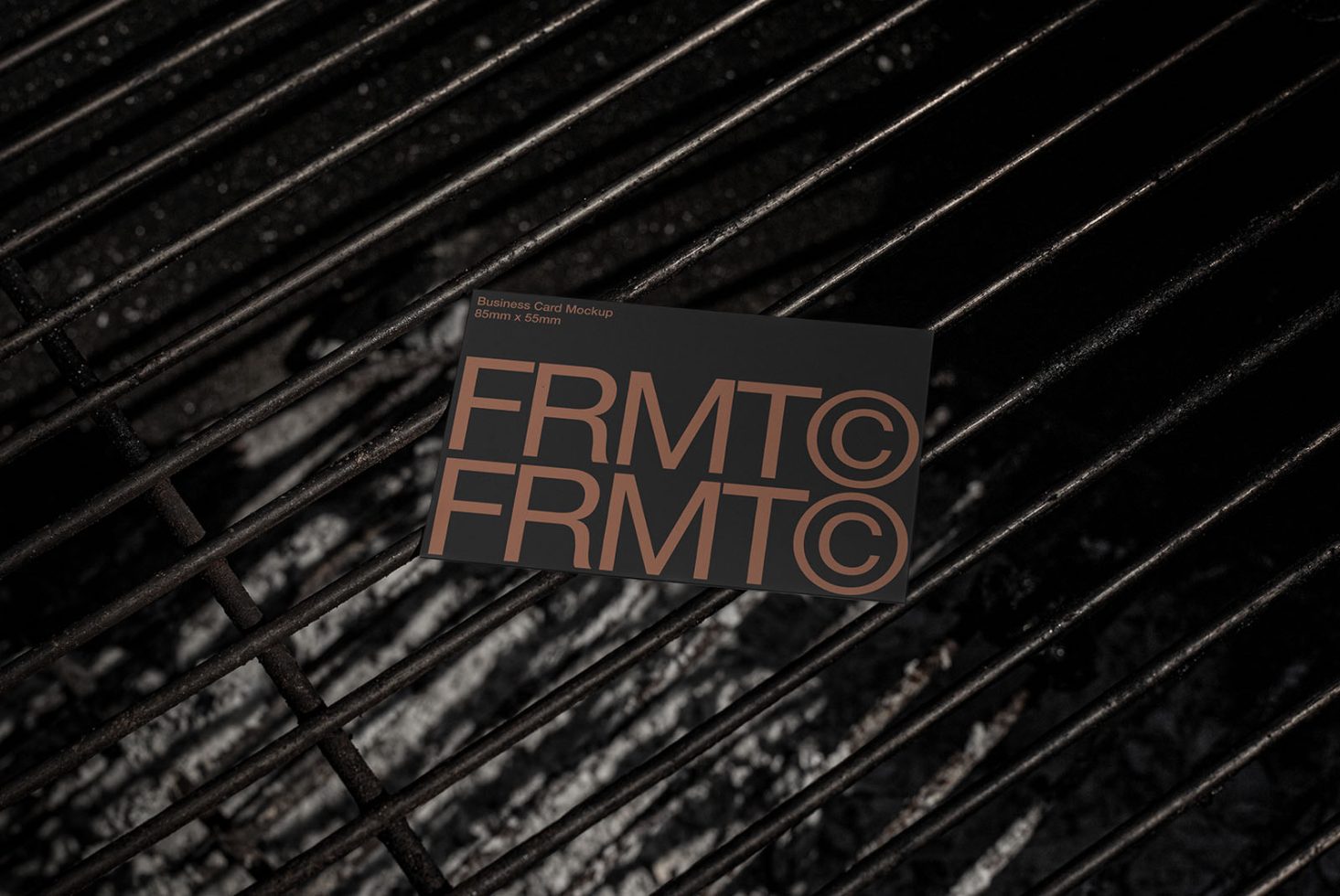 Business card mockup on dark grill texture background. Realistic branding design presentation. Graphic assets for designers.