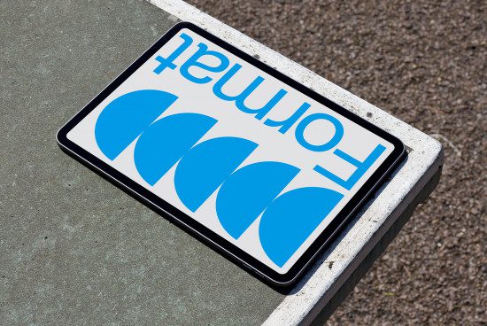 Blue and white Follow plate mockup on outdoor ground, realistic digital asset for social media templates design.
