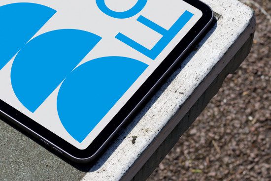 Outdoor tablet mockup displaying a blue and white graphic design on a concrete edge, clear sunny day, potential digital asset for presentations.