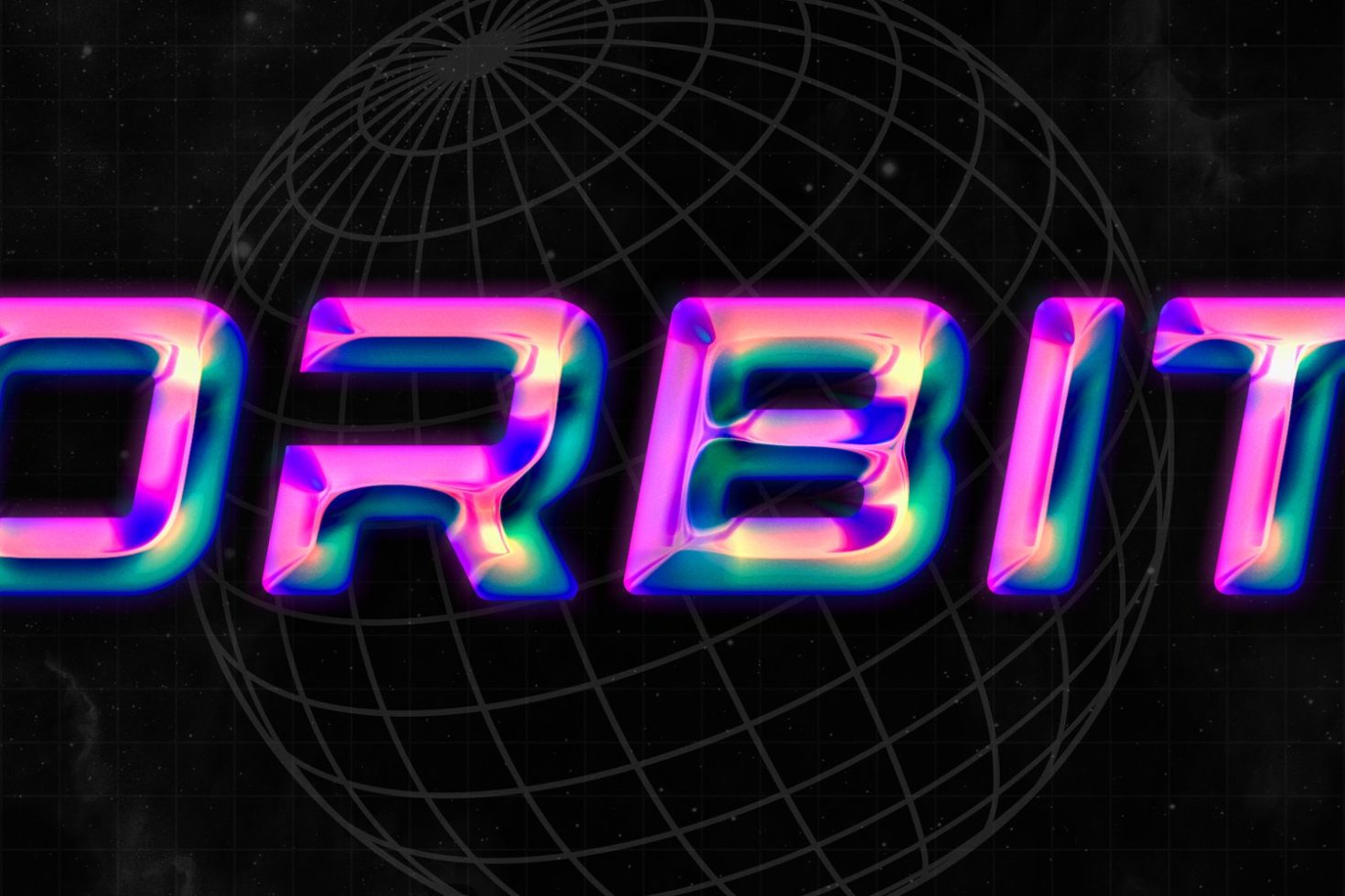 Vibrant 3D text effect ORBIT with neon gradient on dark wireframe globe background for futuristic design projects, suitable for Mockups and Graphics.