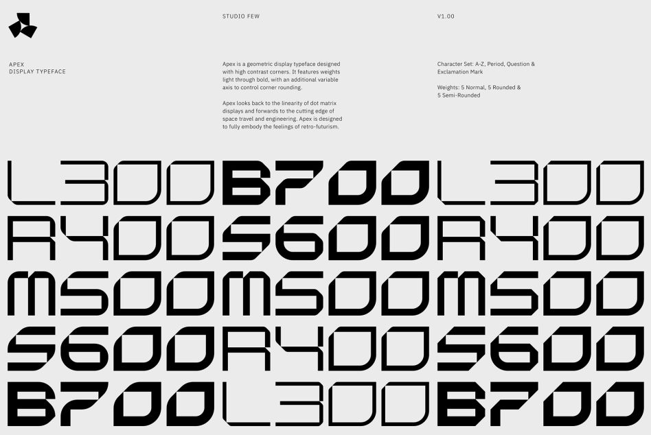 Modern Apex Display Typeface specimen with geometric characters for design mockup, showcasing various font weights and styles, ideal for branding.