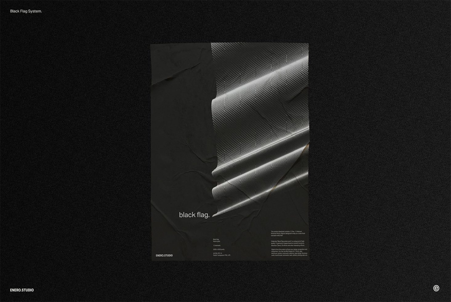 Elegant poster mockup with textured black design, dynamic folds, and modern typography, ideal for presentations and visual asset portfolios.