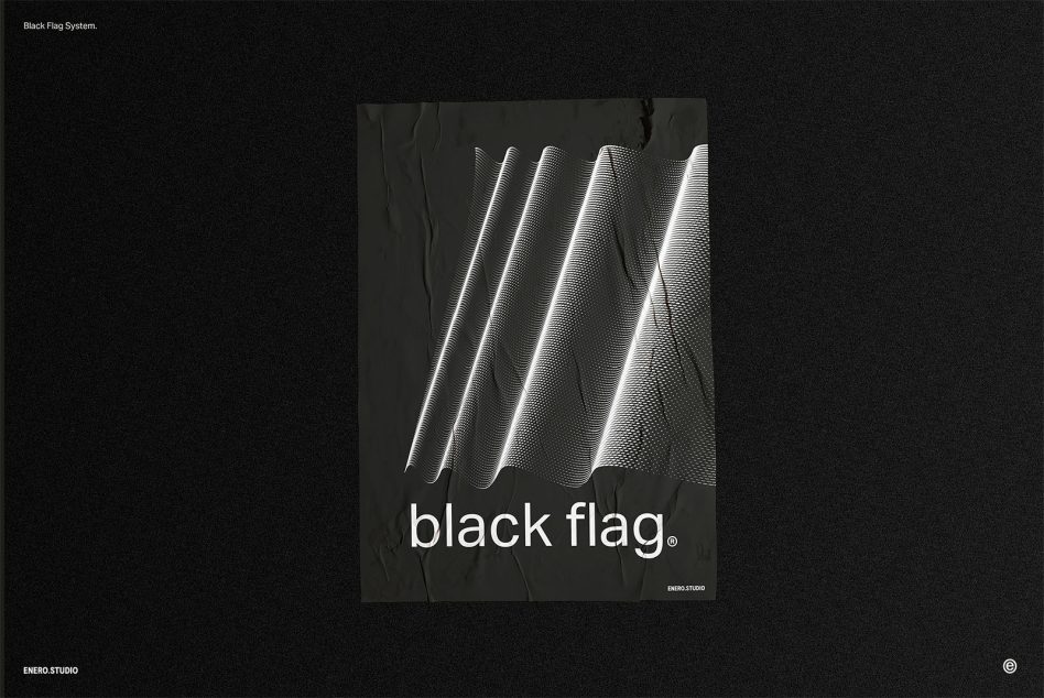 Abstract black flag poster design with dynamic textured waves and modern typography, ideal as inspiration for graphics and templates.