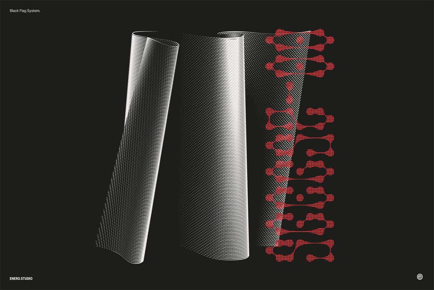 Abstract black and white cylindrical shapes with dotted texture next to stylized red DNA helix, modern vector design element for creative graphics.