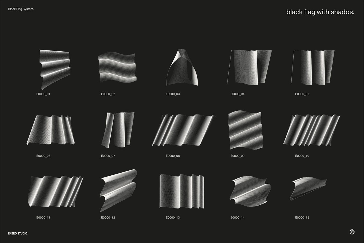 Collection of 3D black flag mockups with shadows, various waving positions, designer assets for presentations and branding, by ENERO.STUDIO.