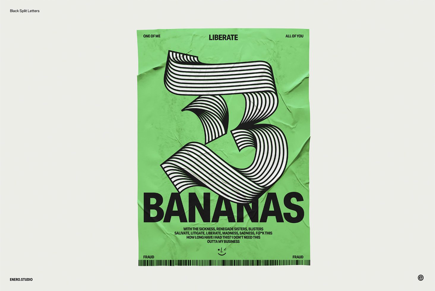 Dynamic typographic poster design with distorted black and white striped letters on crumpled green paper background, suitable for Graphics category.