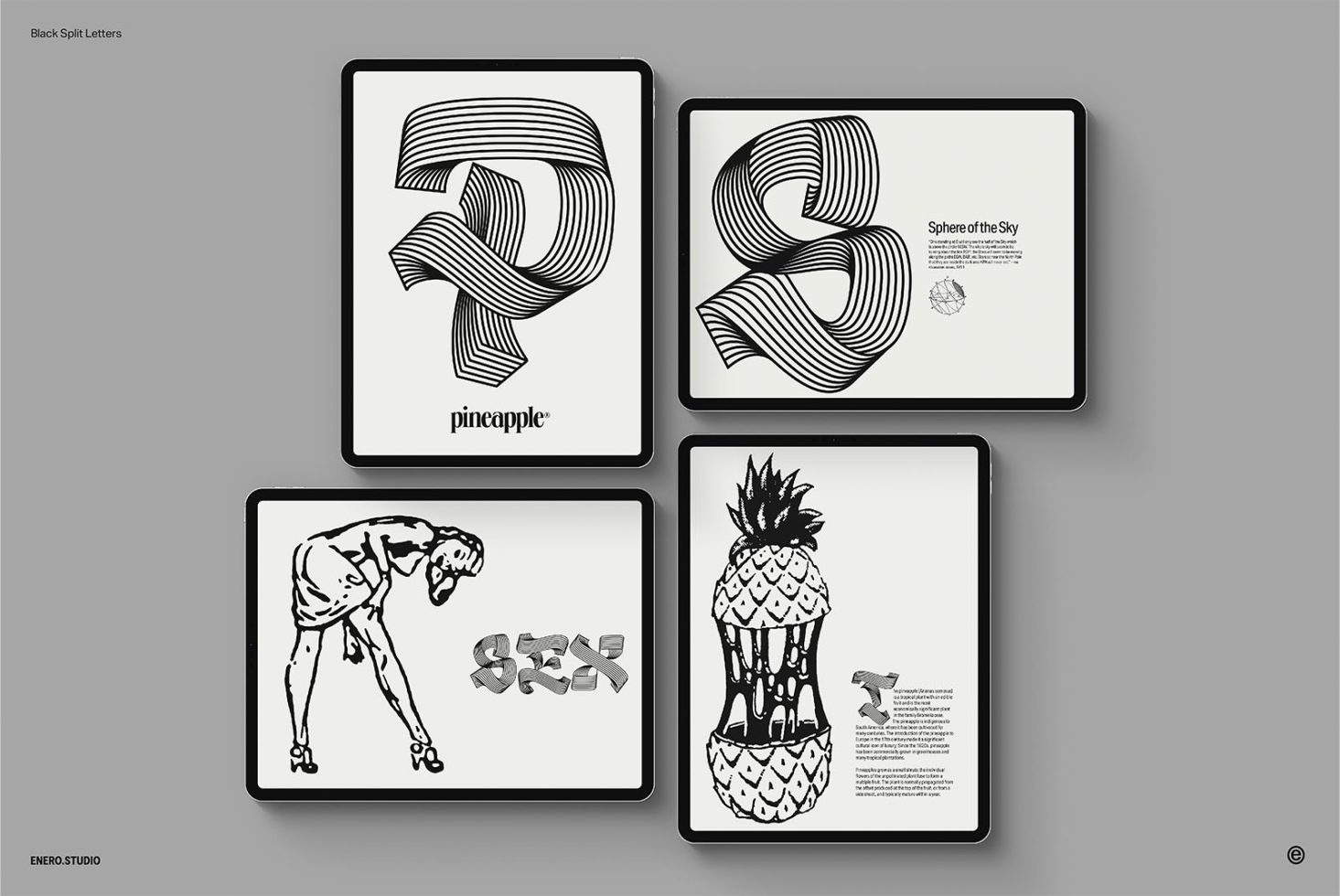 Creative typography and illustrations set in a monochrome palette ideal for mockup designs, displaying alphabet graphics and art prints.