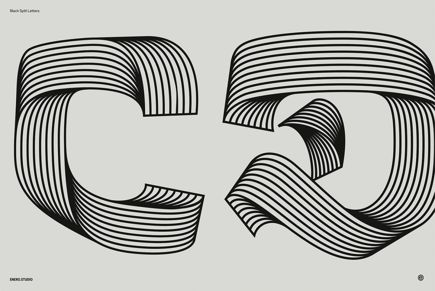 Creative black and white striped letter C graphics, vector art style, modern typography design, dynamic alphabet for logo, poster, brand identity.