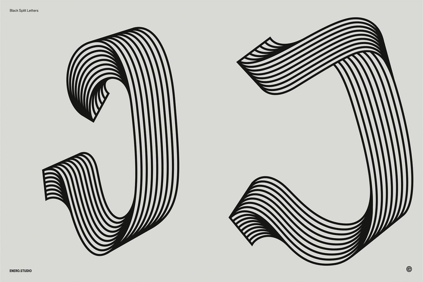 3D styled black and white striped letters E and J from a unique split font design, displaying modern graphics for typography projects.