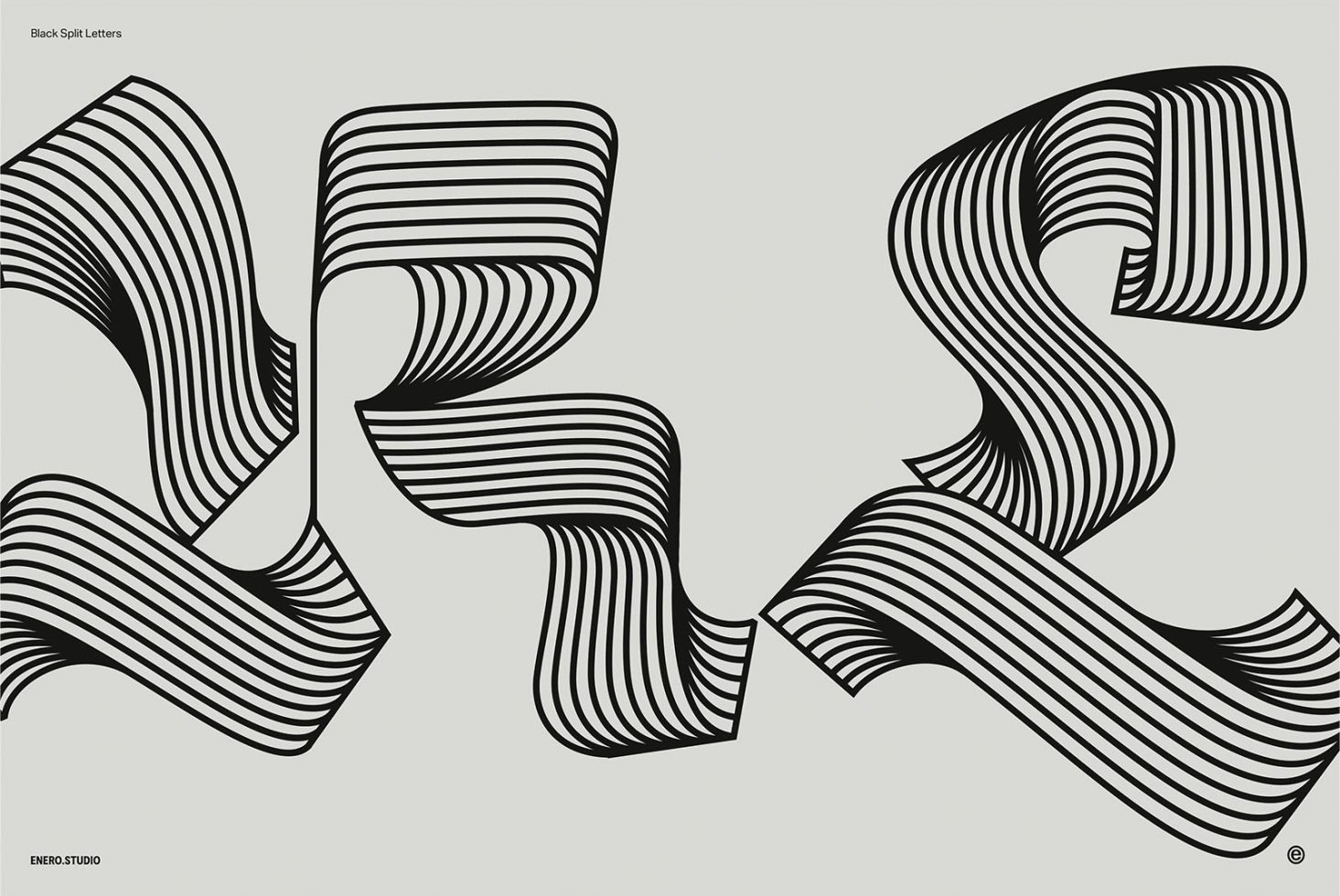 Abstract striped letterforms design font showcasing optical illusion effect in black and white for creative typography assets.