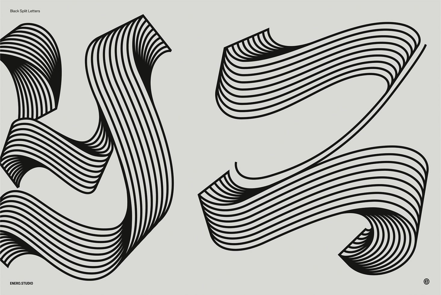 Creative black and white striped lettering design elements for modern font graphics, part of a designer font collection.