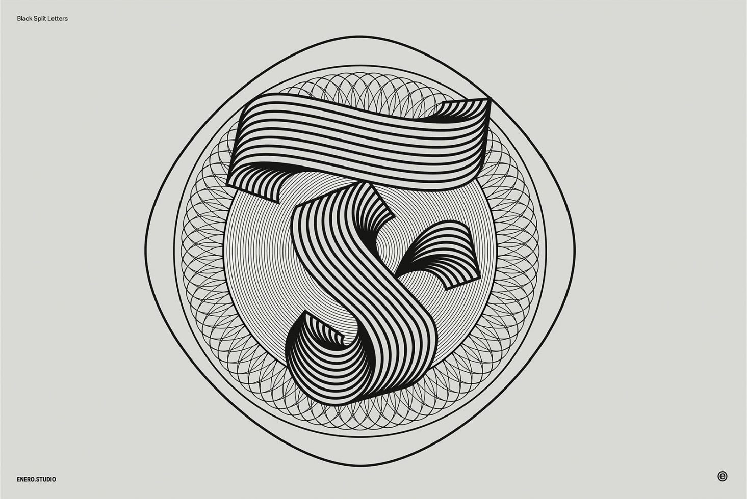 Dynamic geometric letter S design, monochrome optical art, vector graphics for creative logo, branding, and typography projects.