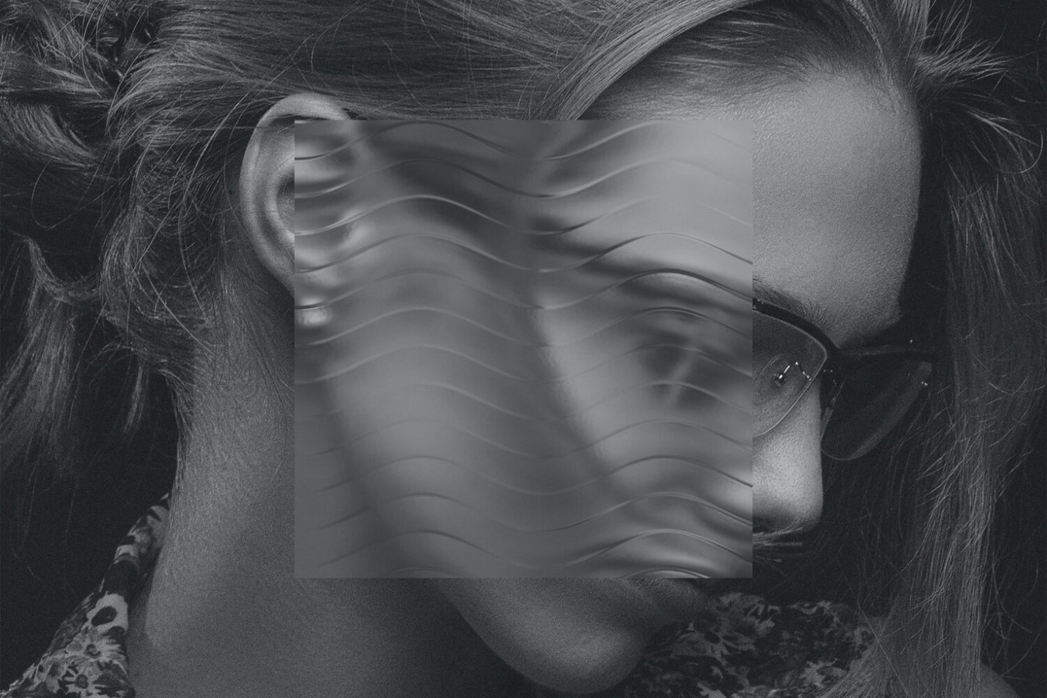 Creative distortion effect overlay on woman's face with glasses, monochrome design asset for digital artwork, graphics category.