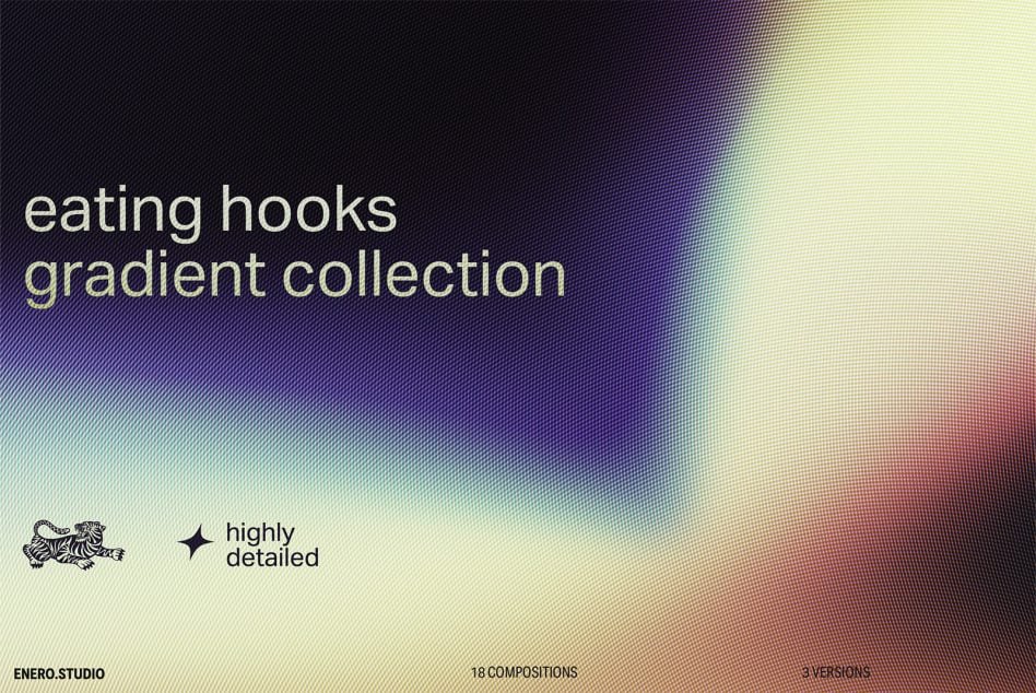 Colorful gradient background with textured noise overlay, eating hooks branding text