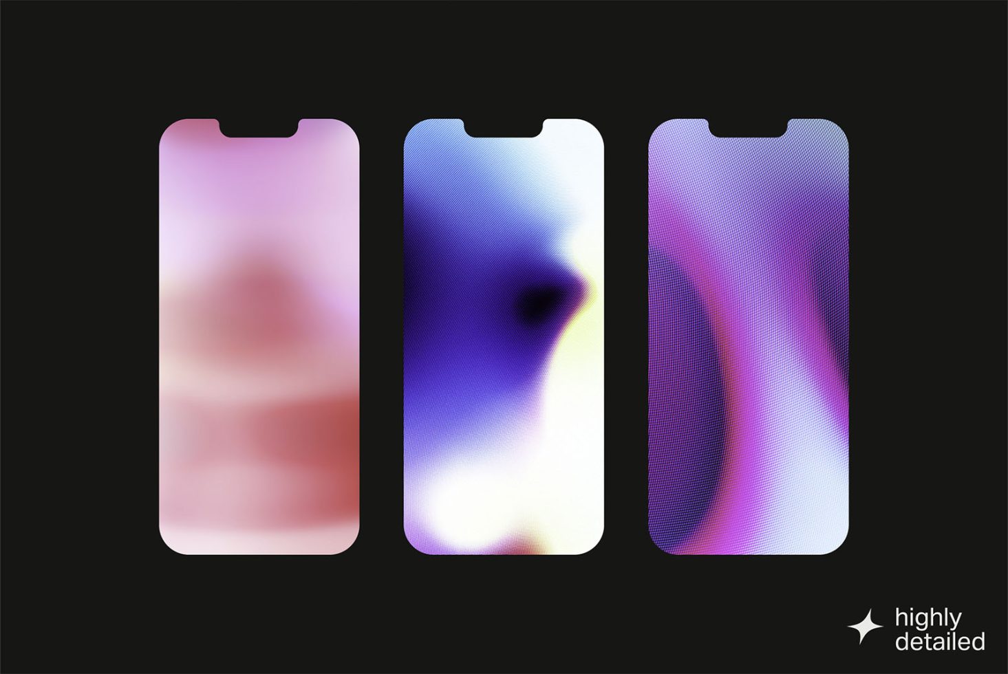 Set of three highly detailed smartphone mockups with abstract gradient wallpapers on dark background, ideal for UI design presentations.