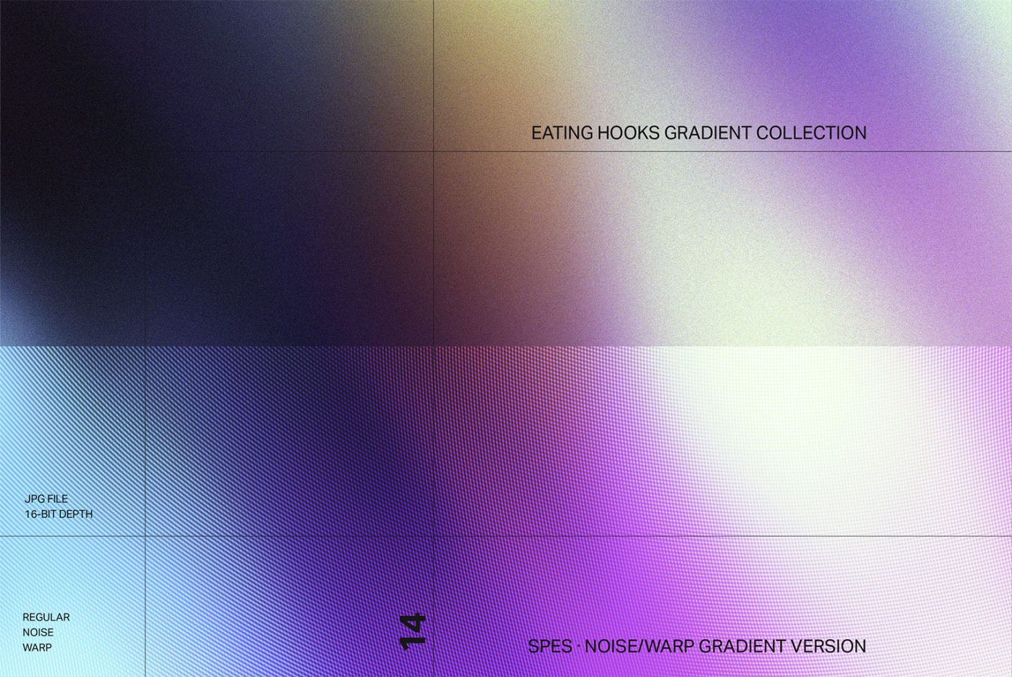 Eating Hooks Gradient Collection with noise and warp effect, 16-bit depth JPEG for graphic designers, suitable for digital design assets.