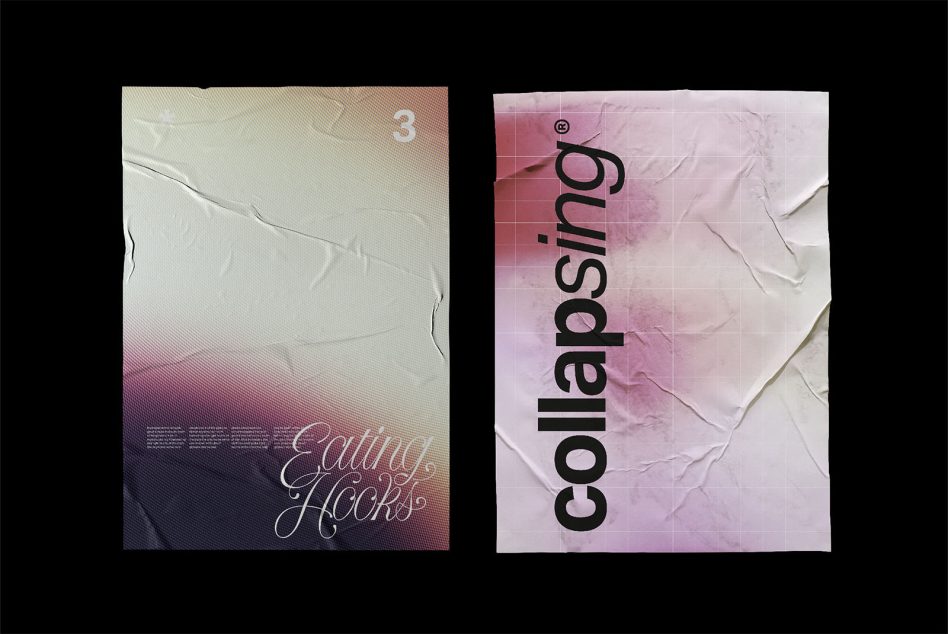 Two printed posters showing Eating Hooks gradients with wrinkled texture mockup