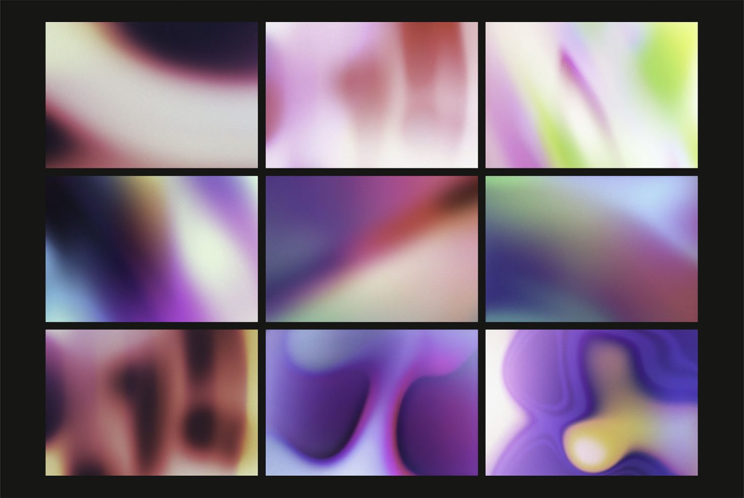 Abstract blur gradient background set in nine blocks with vibrant colors for graphic design projects, digital art, and creative visuals.