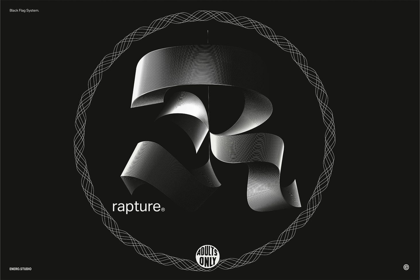 Abstract black and white graphic design with dynamic ribbons and textual element 'rapture', suitable for mockups, branding, and modern templates.