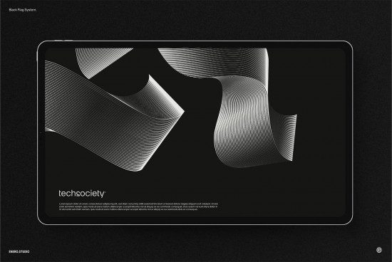 Digital tablet mockup displaying abstract line art graphics on screen, ideal for presentations and portfolios, with sleek black theme design.