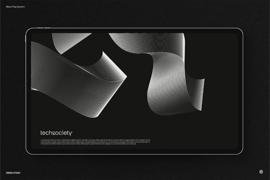 Abstract curved ribbon shapes with linear pattern detail in rounded frame