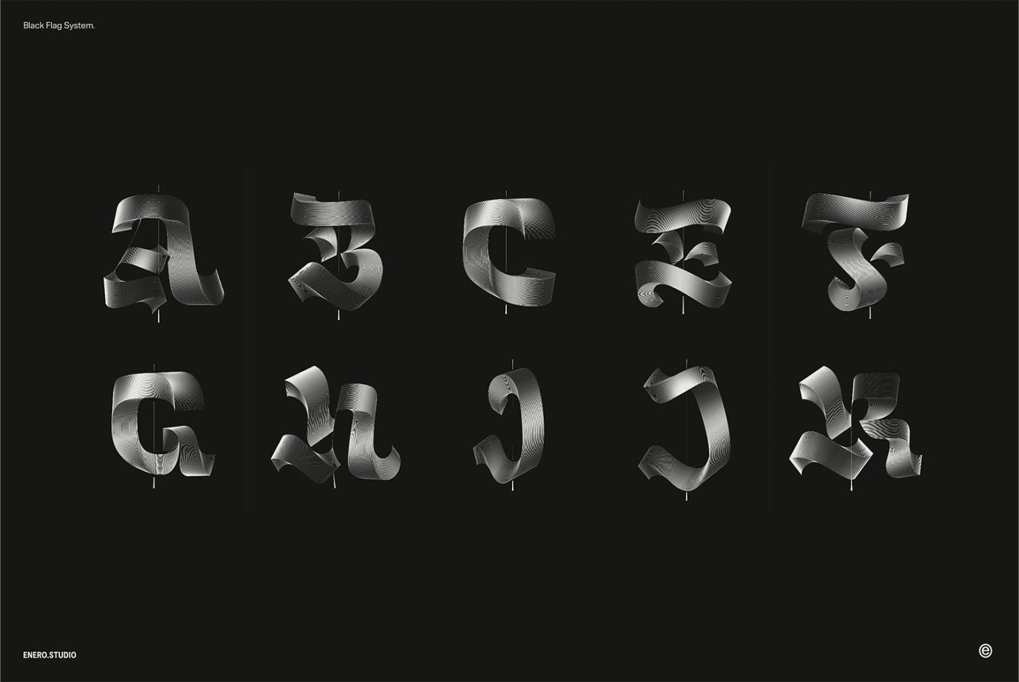 3D ribbon-style alphabet design showcasing letters A to J with a metallic texture on a dark background, ideal for modern font graphics and typography.