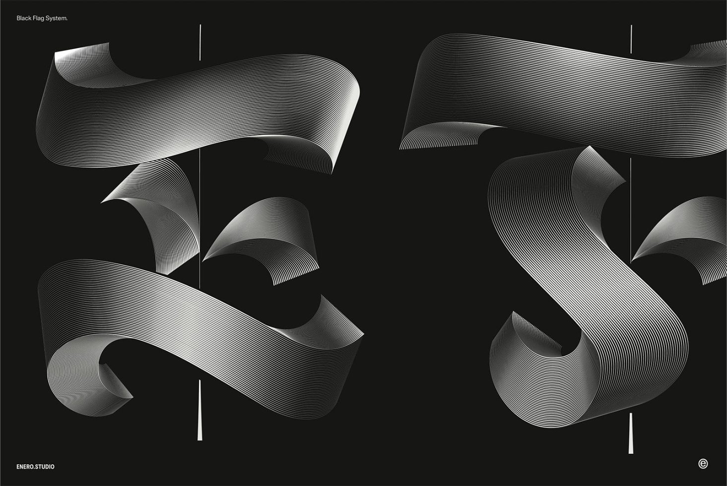 Abstract black and white ribbon graphics with smooth waveforms and lines, suitable for modern design backgrounds or templates.