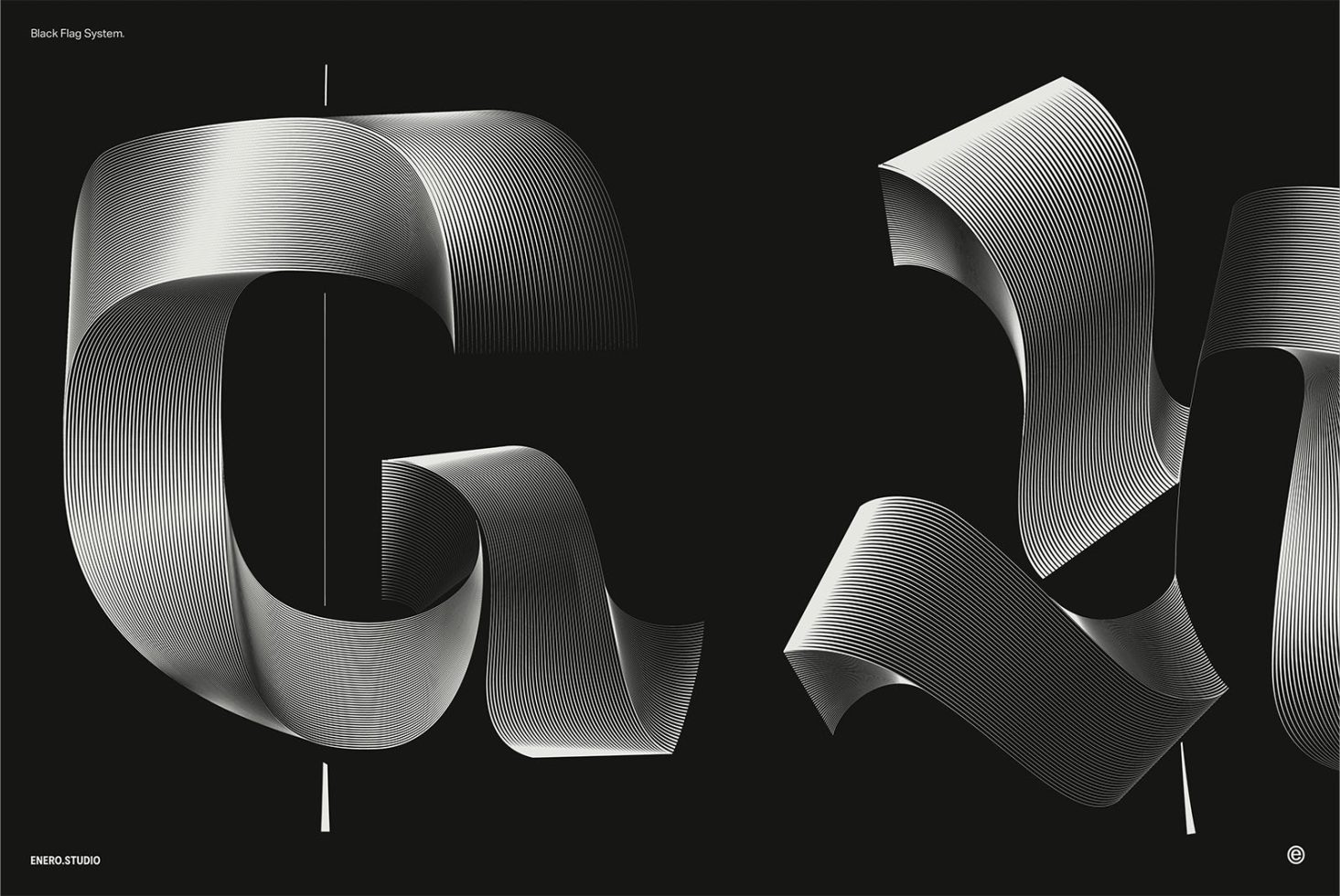 3D letter mockup with abstract black and white striped design in a dynamic flow. Graphics for branding, artistic fonts display.