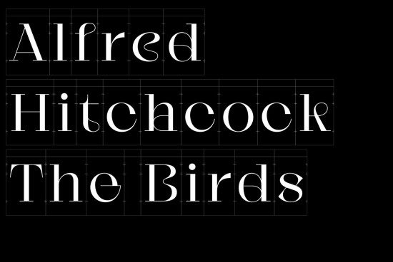 Elegant serif font display with guides, presenting "Alfred Hitchcock The Birds" for graphic design and template mockups.