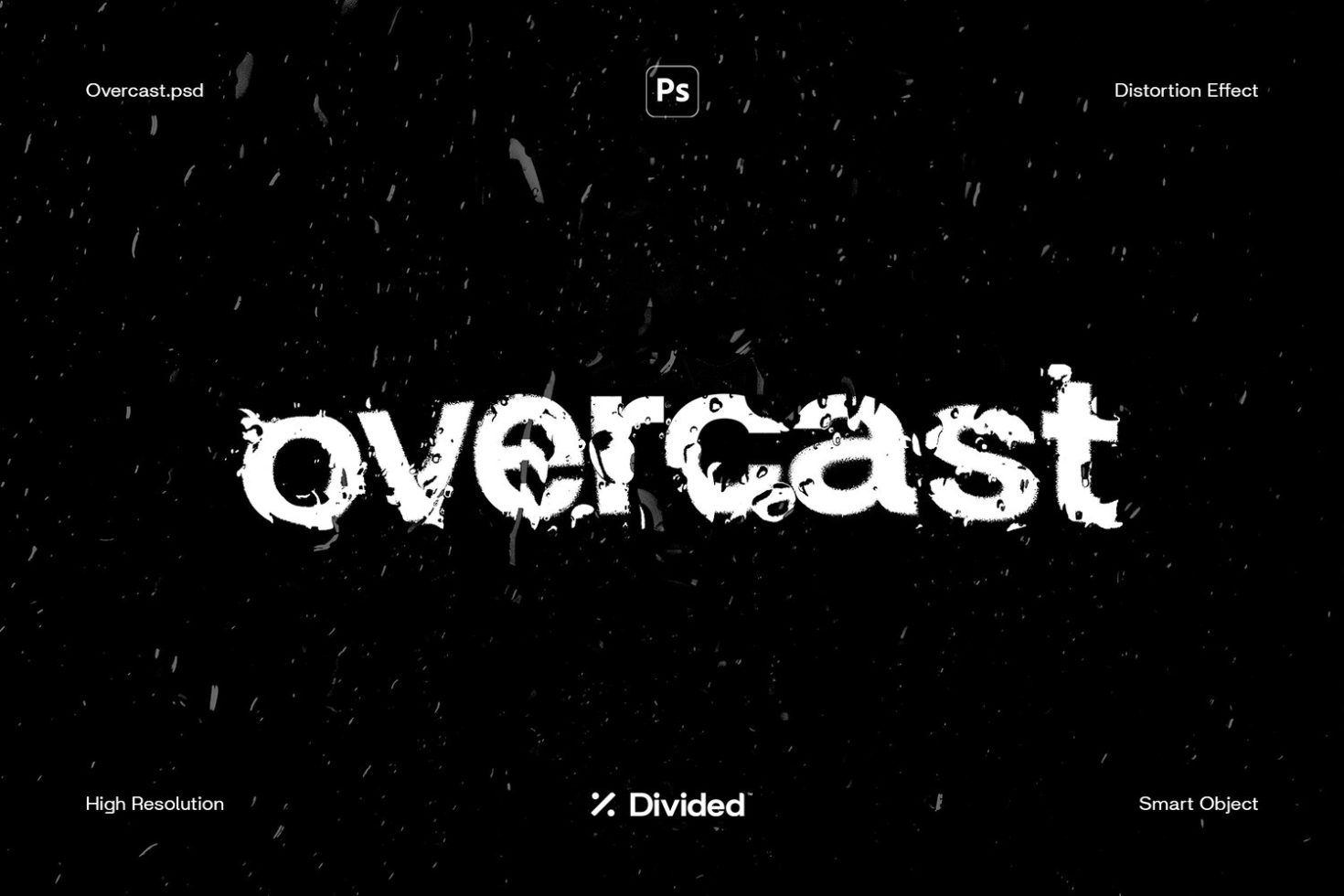 High-resolution grunge text effect Photoshop mockup titled 'Overcast' with black and white distortion style for graphic designers.