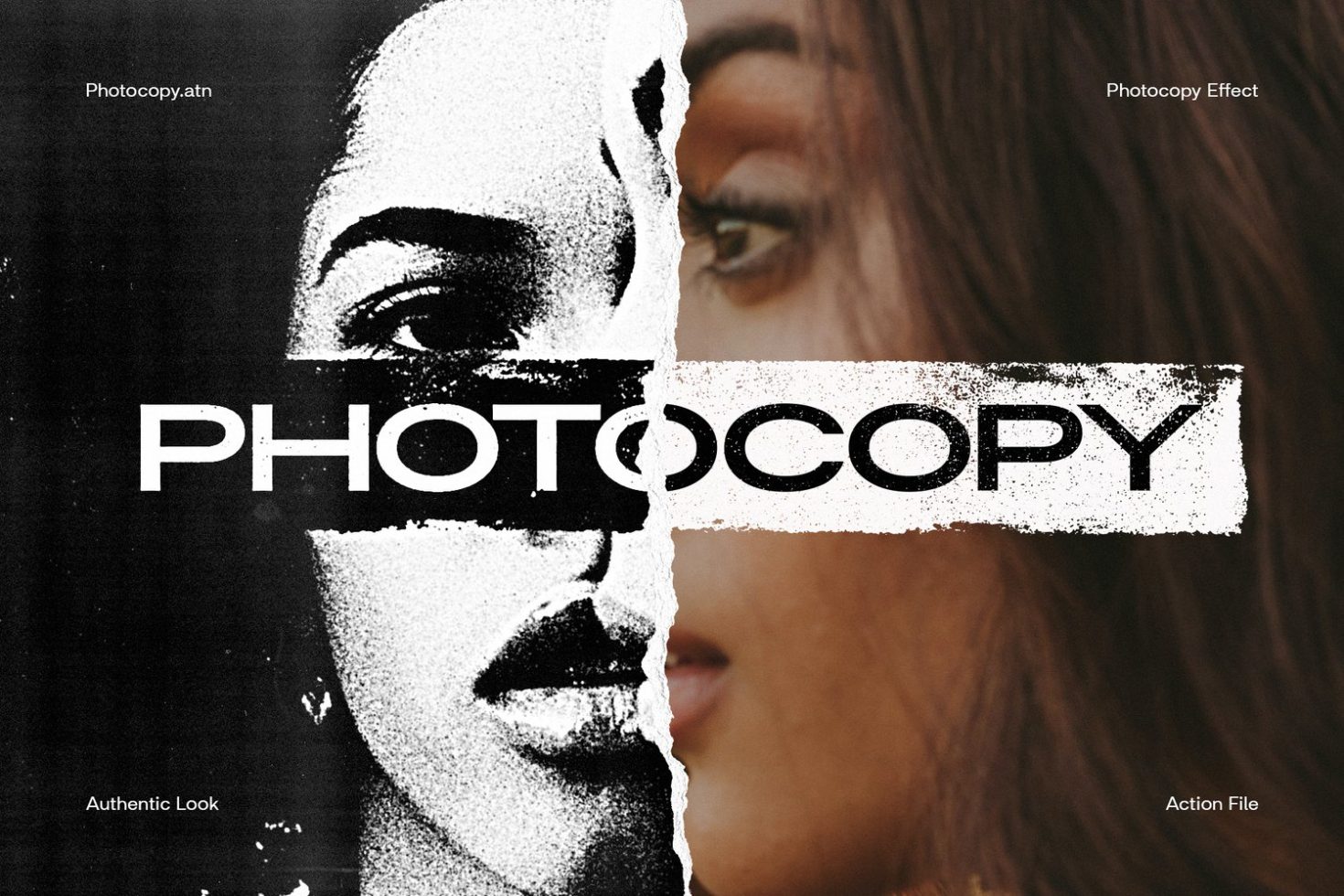 Photocopy texture effect mockup depicting two contrasting faces with authentic look for designers, suitable for poster graphics templates.