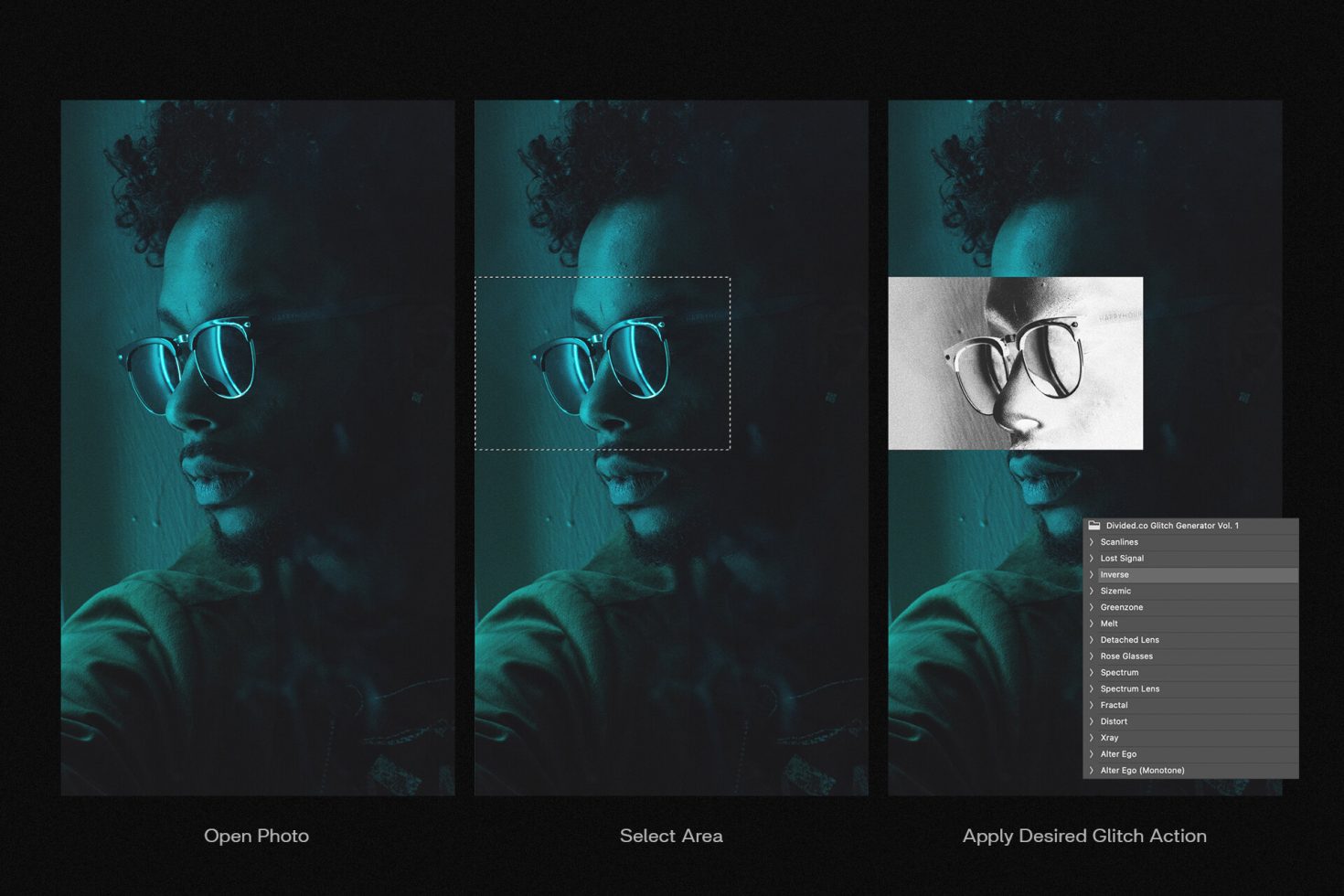 Photo editing process steps with a focus on applying glitch effect, showcasing a man with glasses for mockup design inspiration.