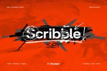 Scribble text with orange paint drips, distressed lines, dashes crossing over bright red surface