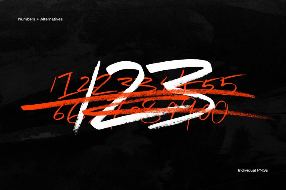 Creative brushstroke font numbers displayed in orange and white on a textured black background, ideal for designers seeking unique typography for mockups.