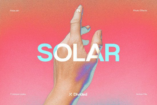 Creative Photoshop template with textured hand graphic and "SOLAR" text for design mockups, featuring photo effect presets.