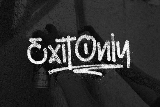Gritty black and white spray paint art showing "Exit Only" in stylized lettering, suitable for graphics category in design asset marketplace.