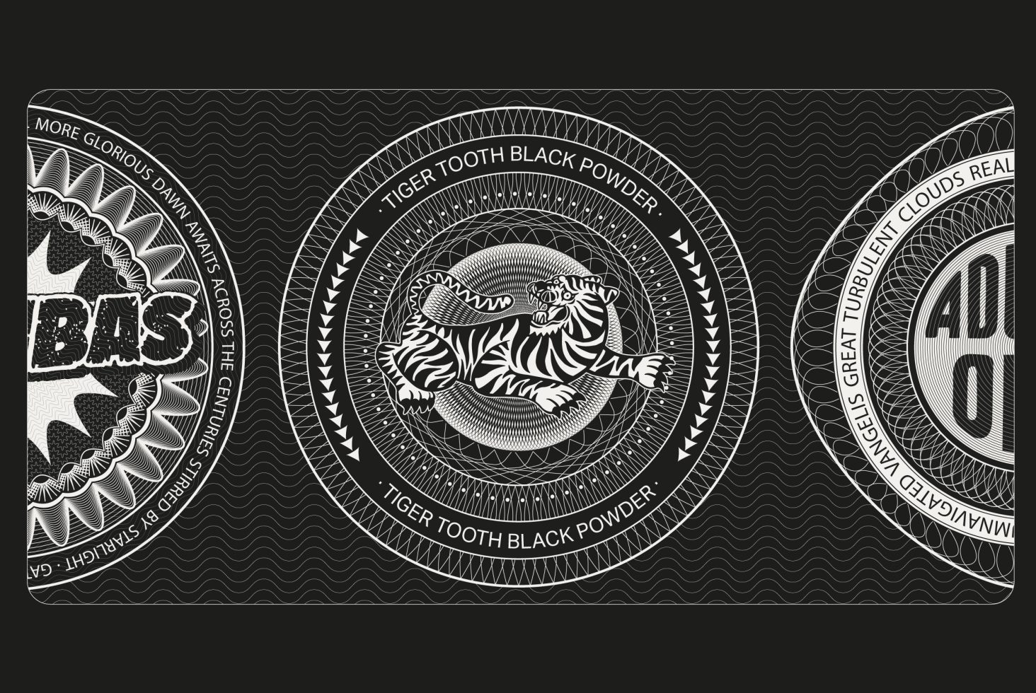 Black and white intricate graphic design featuring circular patterns with a tiger, waves, and typographic elements, ideal for templates or backgrounds.