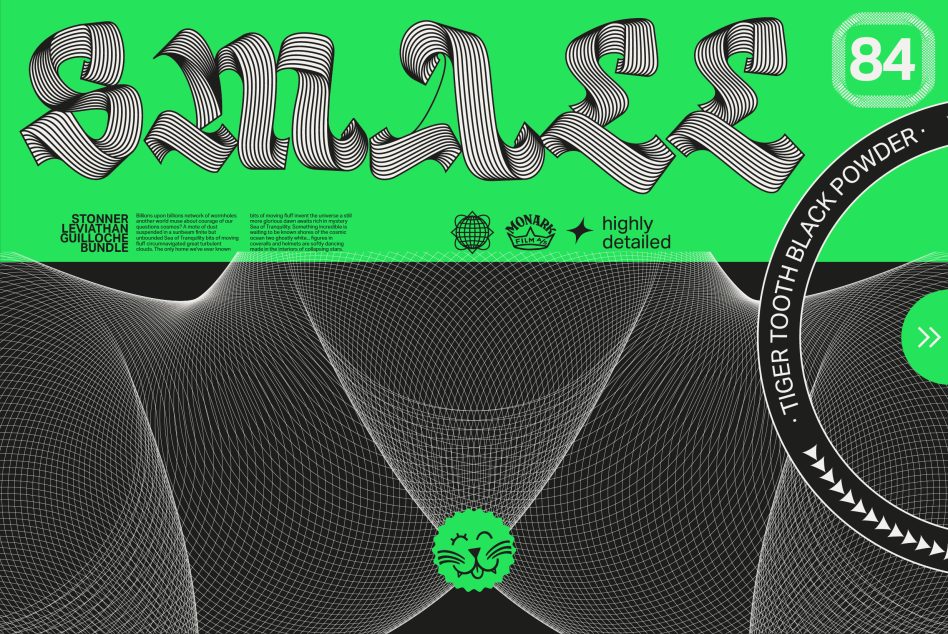 Wavy mesh typography design featuring striped letters on bright neon green background
