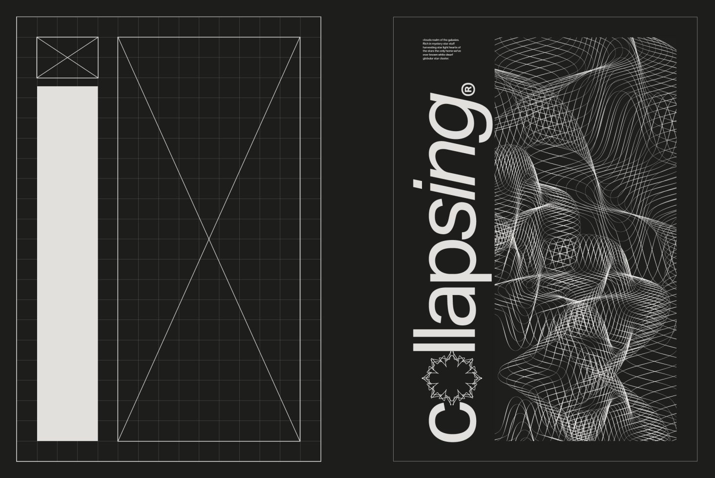 Graphic design poster with geometric shapes and line art on black background, ideal for modern design templates and contemporary art projects.